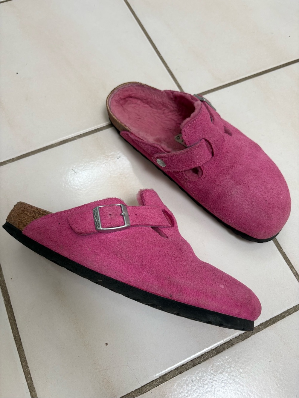 Birkenstock Pink Suede Shearling-Lined Clog Mule with Buckle